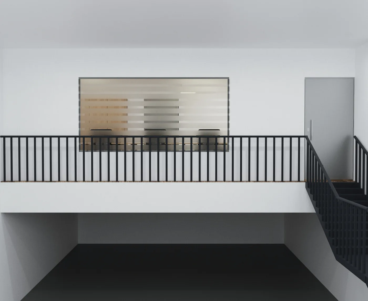 Office refit with a steel mezzanine, staircase and frosted glass meeting room