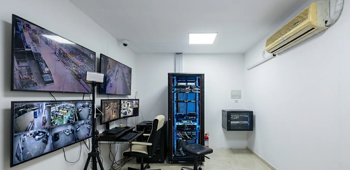 CCTV control room fit-out with video wall, network rack and LED panel lighting