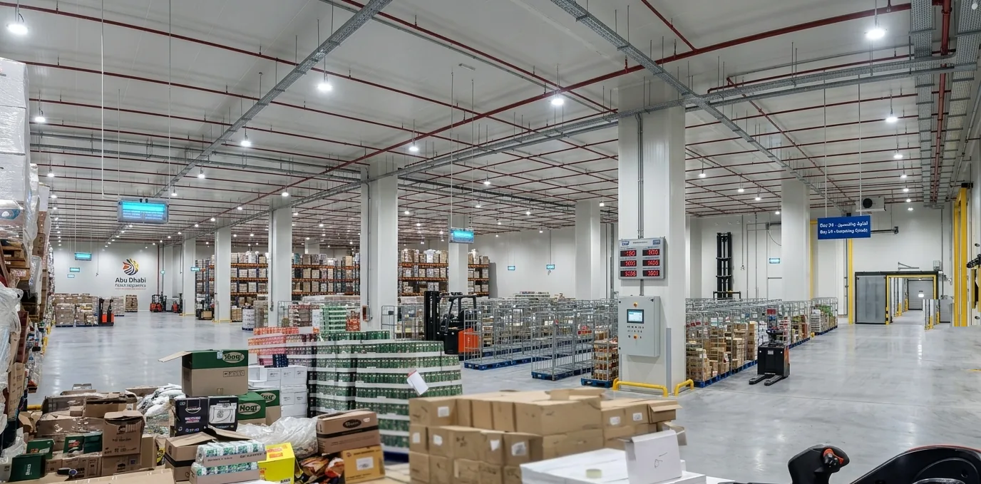 Warehouse interior fit-out of a distribution centre with cable trays and sprinkler mains