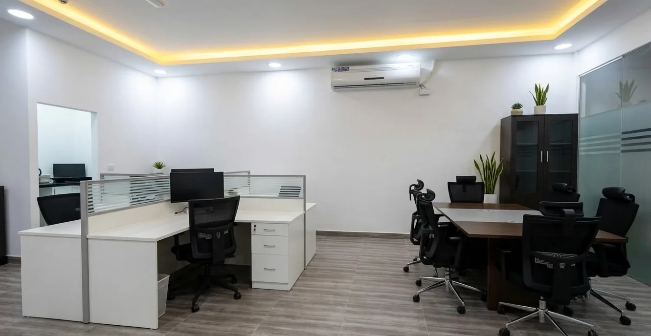 Completed turnkey office fit-out in Abu Dhabi with white workstations, glass partition, meeting table and cove lighting
