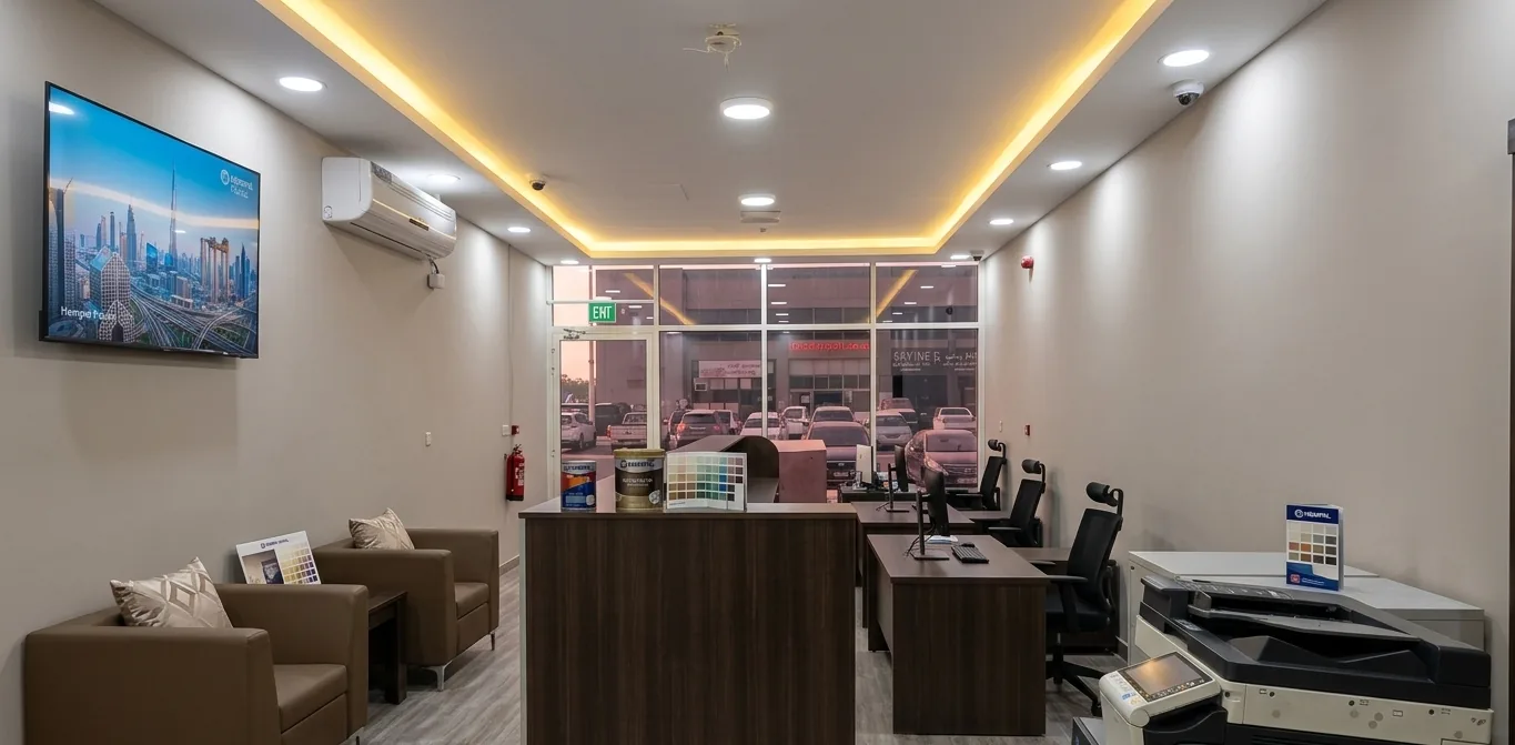 Retail interior fit-out of a showroom with lounge seating, reception counter and glass shopfront