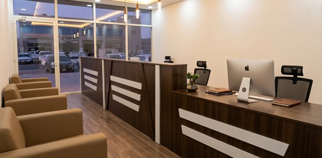 Custom wenge reception counter with white inlay strips, pendant lights and leather lounge chairs