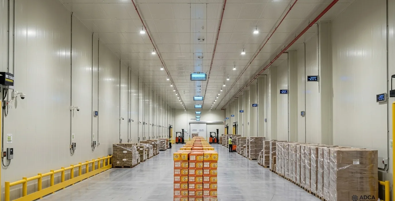 Cold storage warehouse fit-out with insulated panels, pallet storage and temperature displays