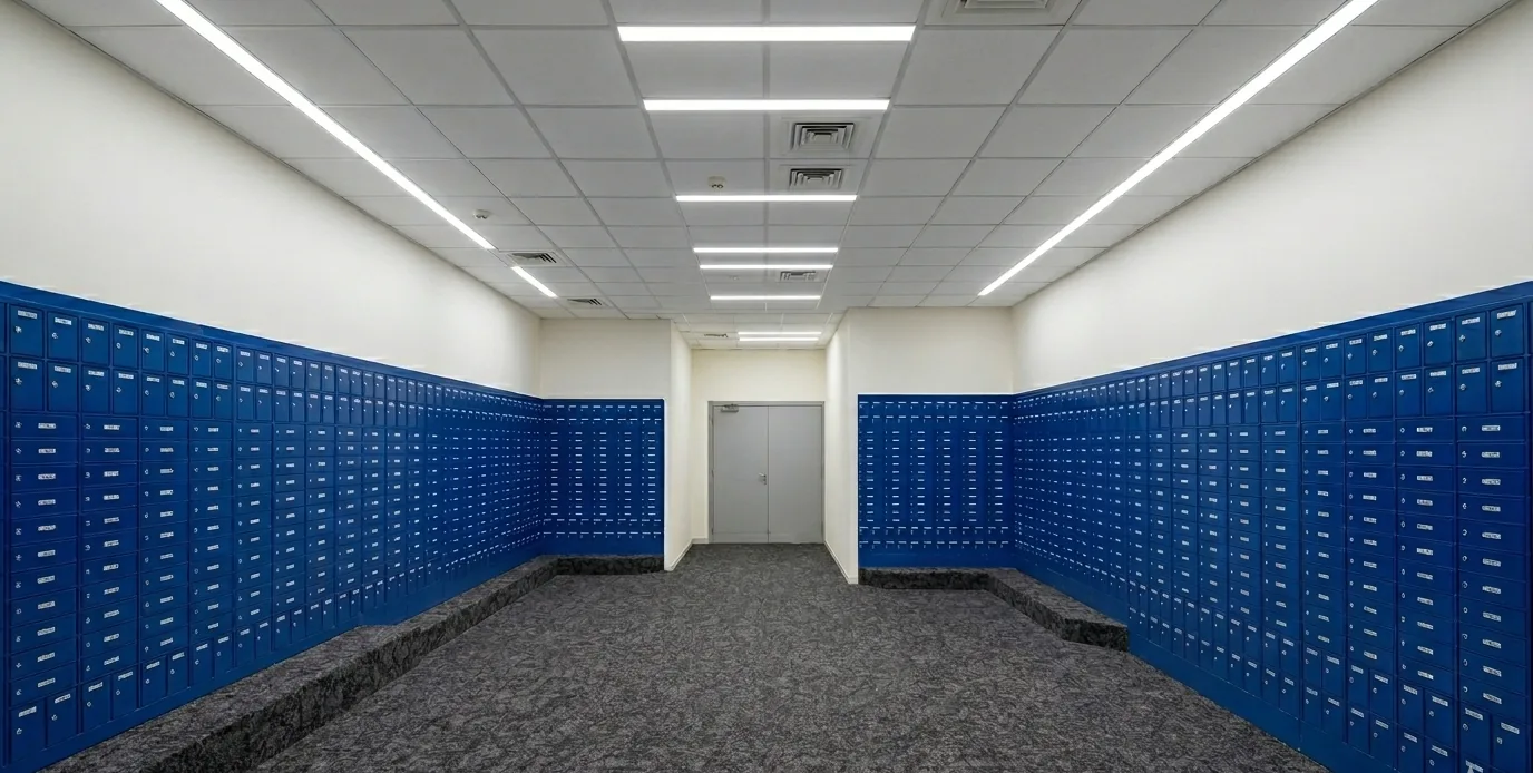 Commercial fit-out of a P.O. box hall with blue lockers, ceiling and carpet