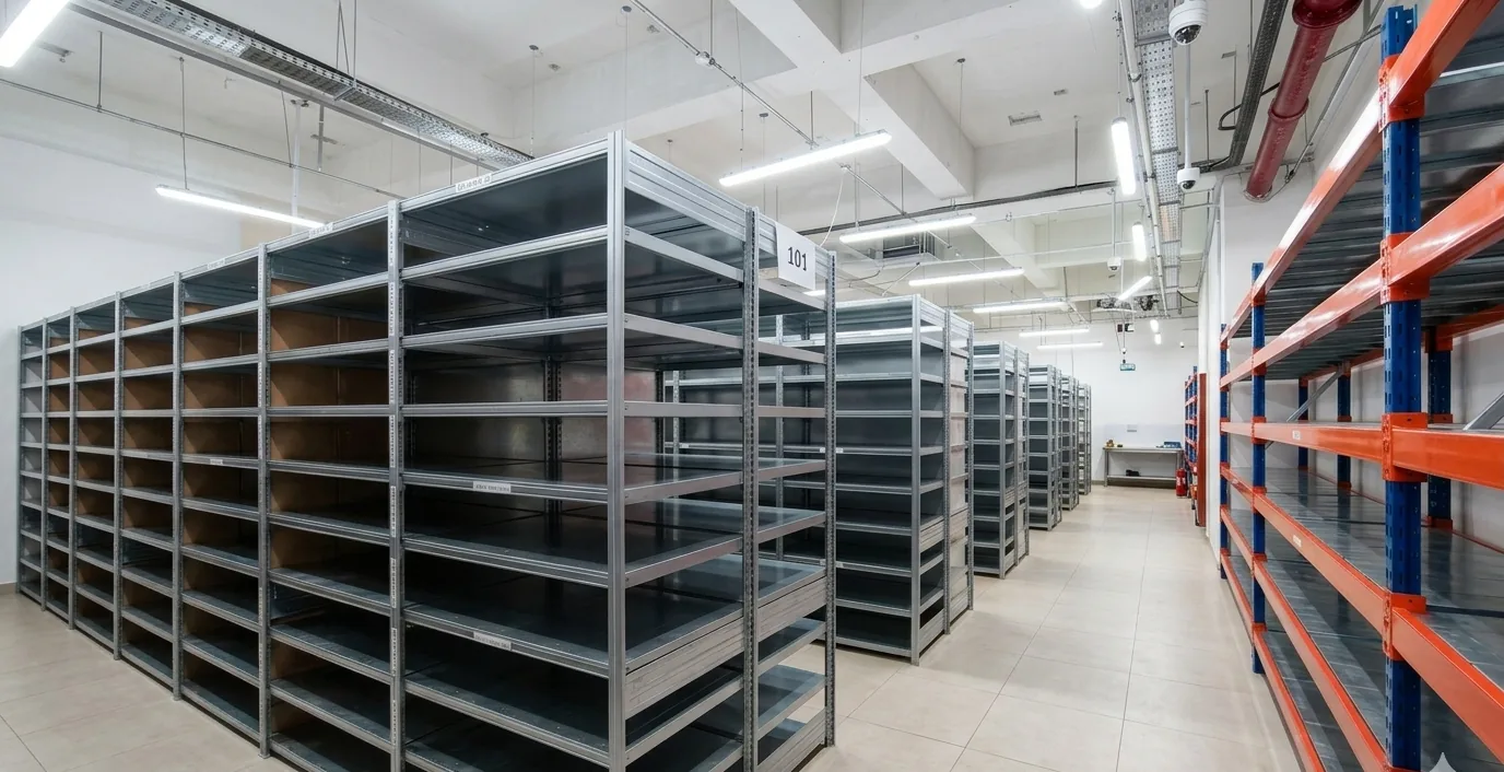 Warehouse fit-out with numbered steel shelving and pallet racking