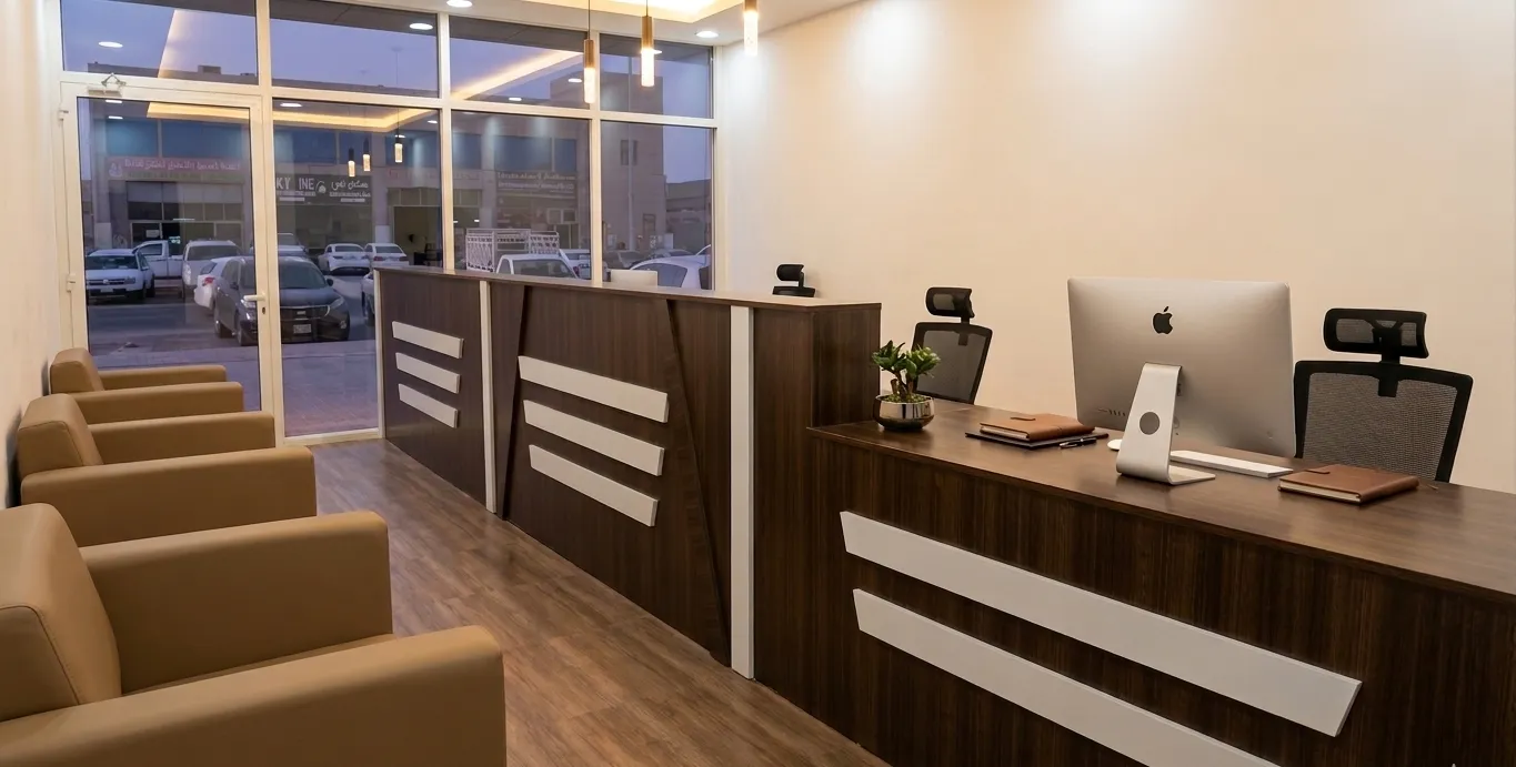 Hempel Paints branch office reception with wenge counter, white inlays, pendant lights and leather lounge chairs