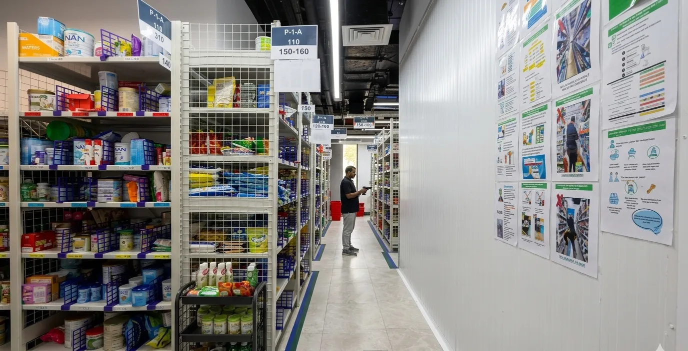 Amazon dark store for Emirates Post with white wire shelving, location signs and a picker scanning stock