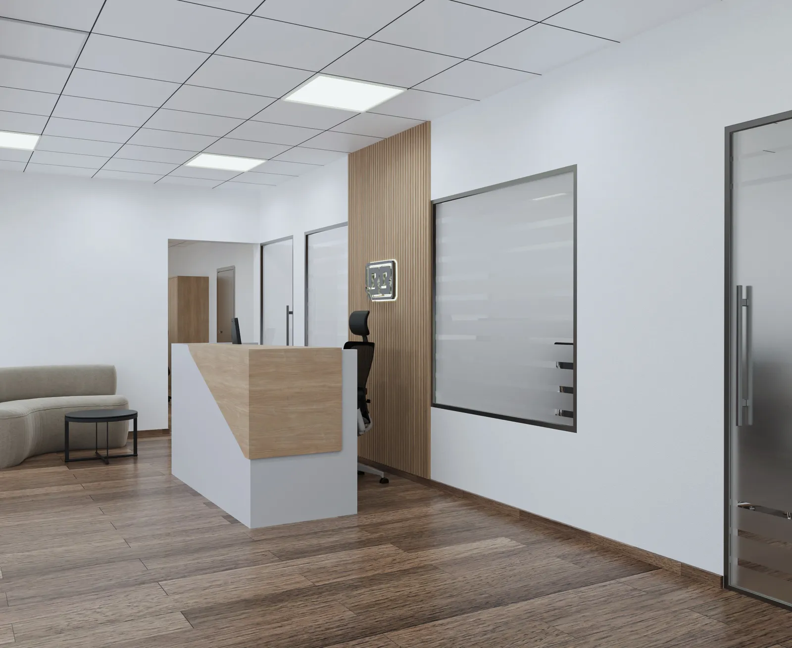 Reception with timber slat wall and backlit logo for Bhatia Brothers