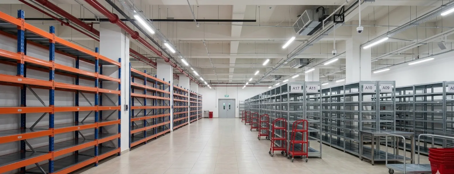 Despatch centre aisle with orange racking on one side and galvanised shelving bays on the other